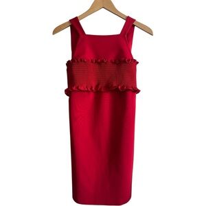 TIBI Smocked Bandeau Overlay Faille Mini Dress in Elia Red | Sleeveless XS 0-2